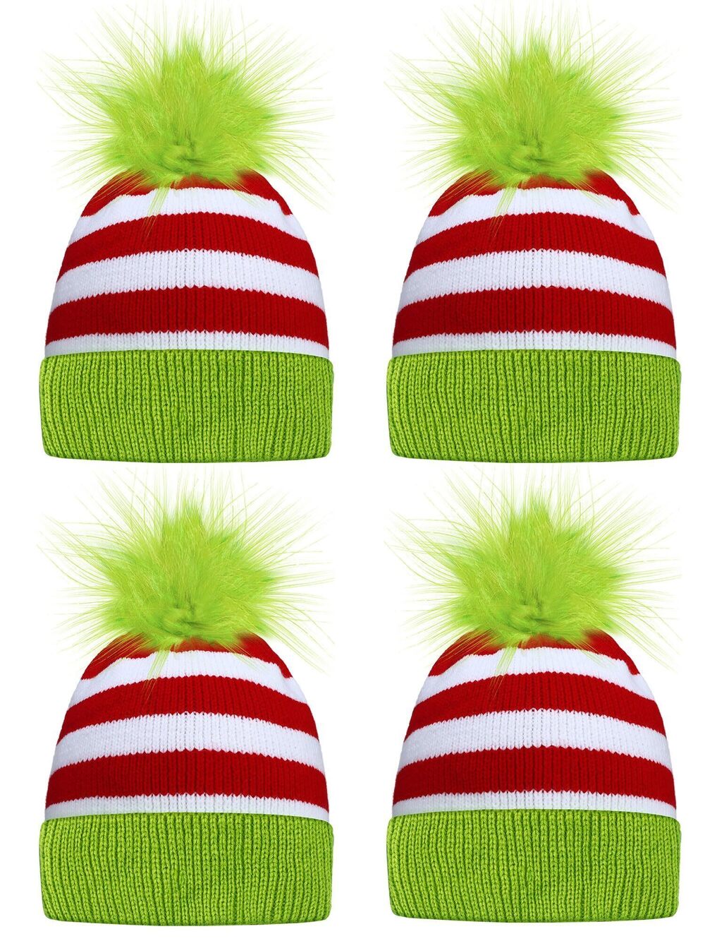 8974 4 Pack Christmas Beanie With Pompom - Lime Green Knit Winter Warm Hat